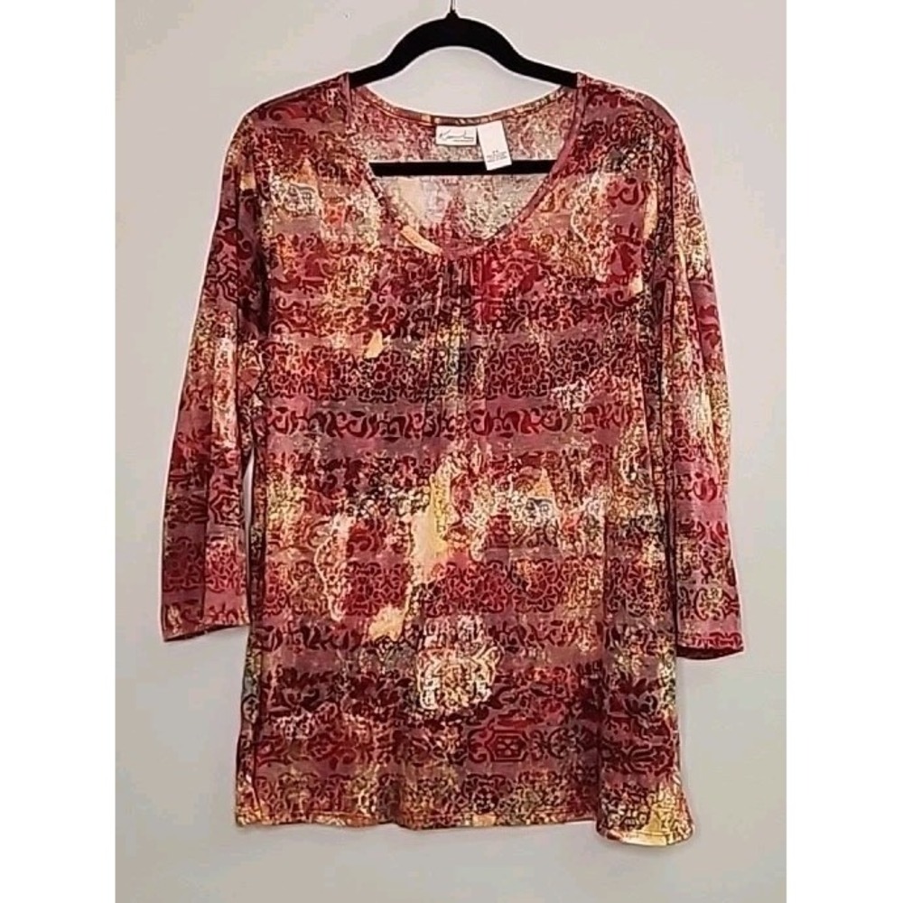 Kim Rogers Womans 2X Red Toned Abstract Paisley 3/4 Sleeve Top Boho Fairygoth